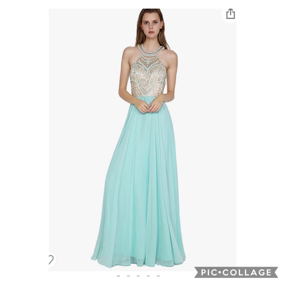 Meier Long sky blue beaded halter racer back prom